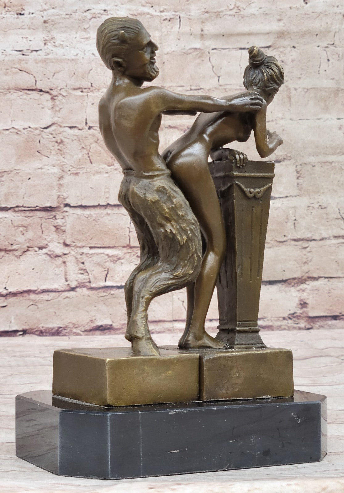 Signed Large Satyr and Nymph by Bergman Bronze Sculpture Marble Base Statue Nude