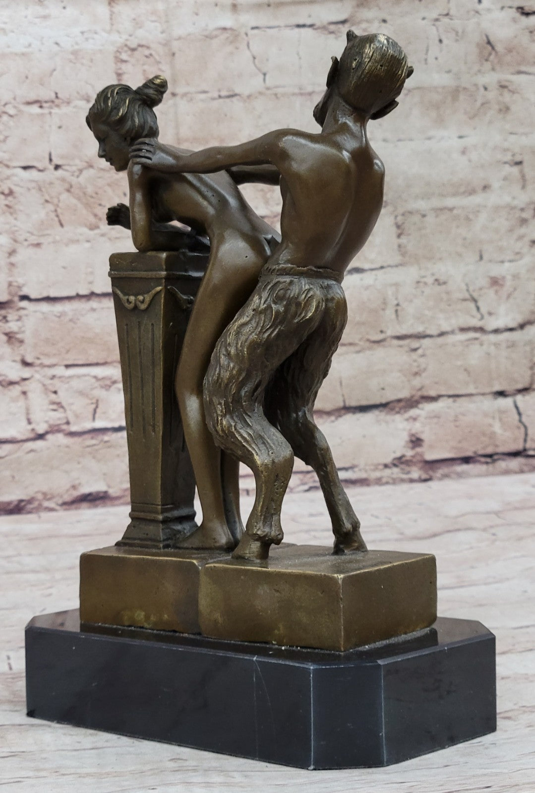 Signed Large Satyr and Nymph by Bergman Bronze Sculpture Marble Base Statue Nude