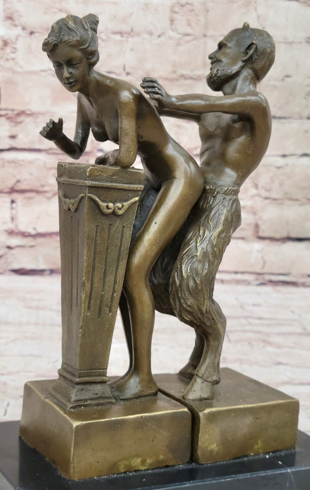 Signed Large Satyr and Nymph by Bergman Bronze Sculpture Marble Base Statue Nude