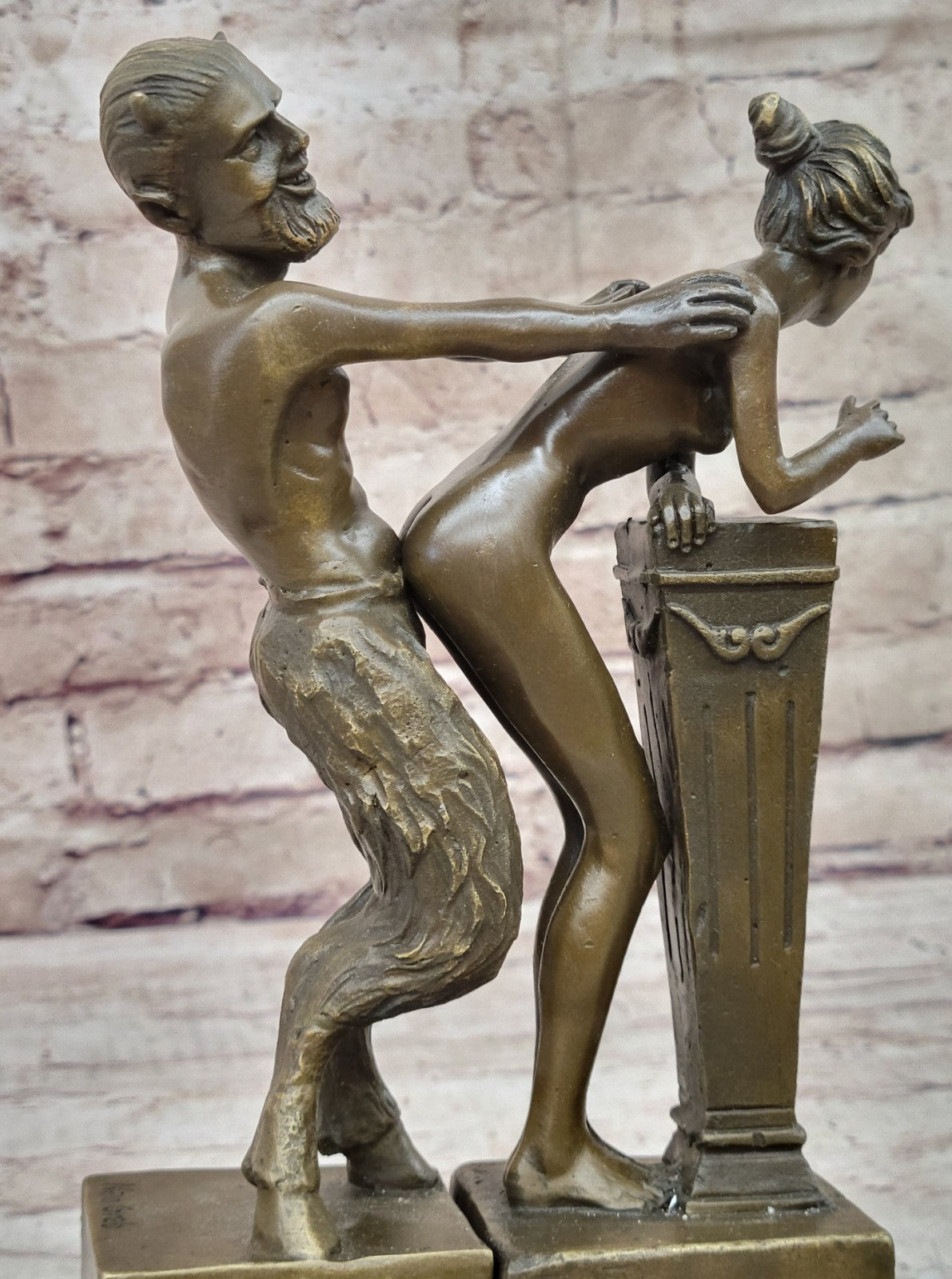 Signed Large Satyr and Nymph by Bergman Bronze Sculpture Marble Base Statue Nude