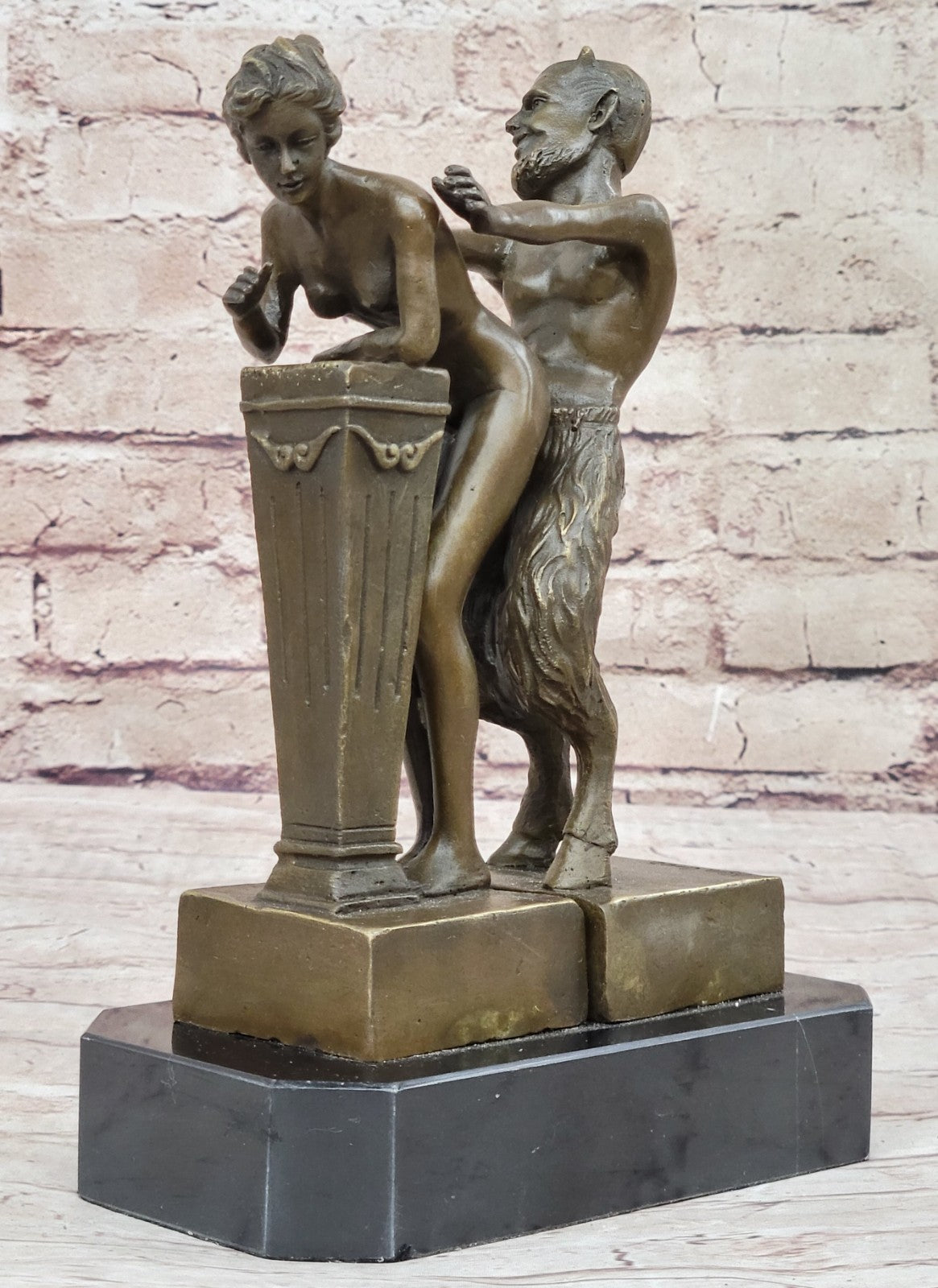 Signed Large Satyr and Nymph by Bergman Bronze Sculpture Marble Base Statue Nude