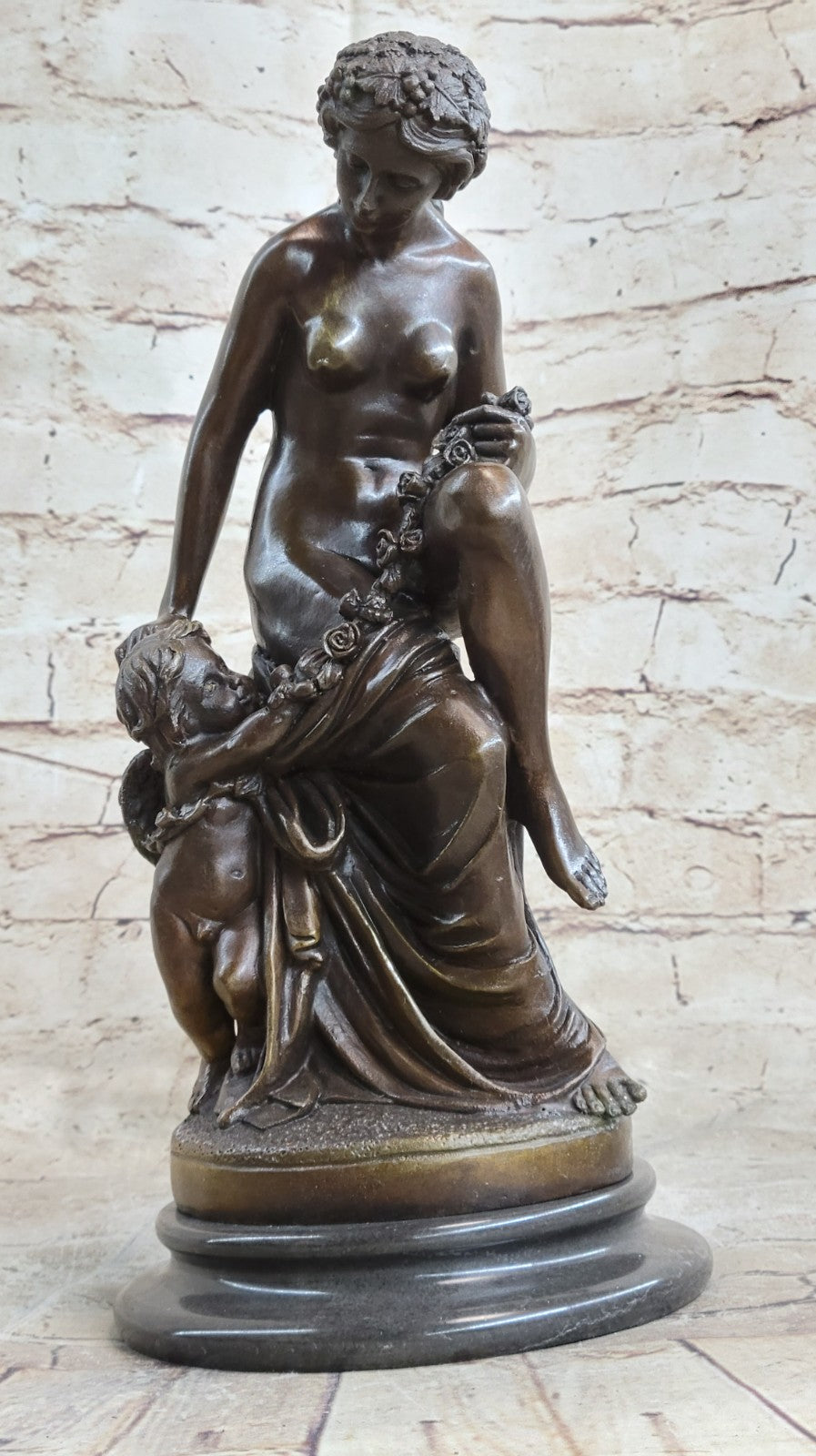 Bronze Sculpture Large Nude Venus with Cherub Art Deco Marble Base Figurine Gift