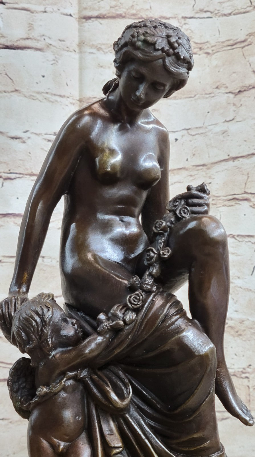 Bronze Sculpture Large Nude Venus with Cherub Art Deco Marble Base Figurine Gift