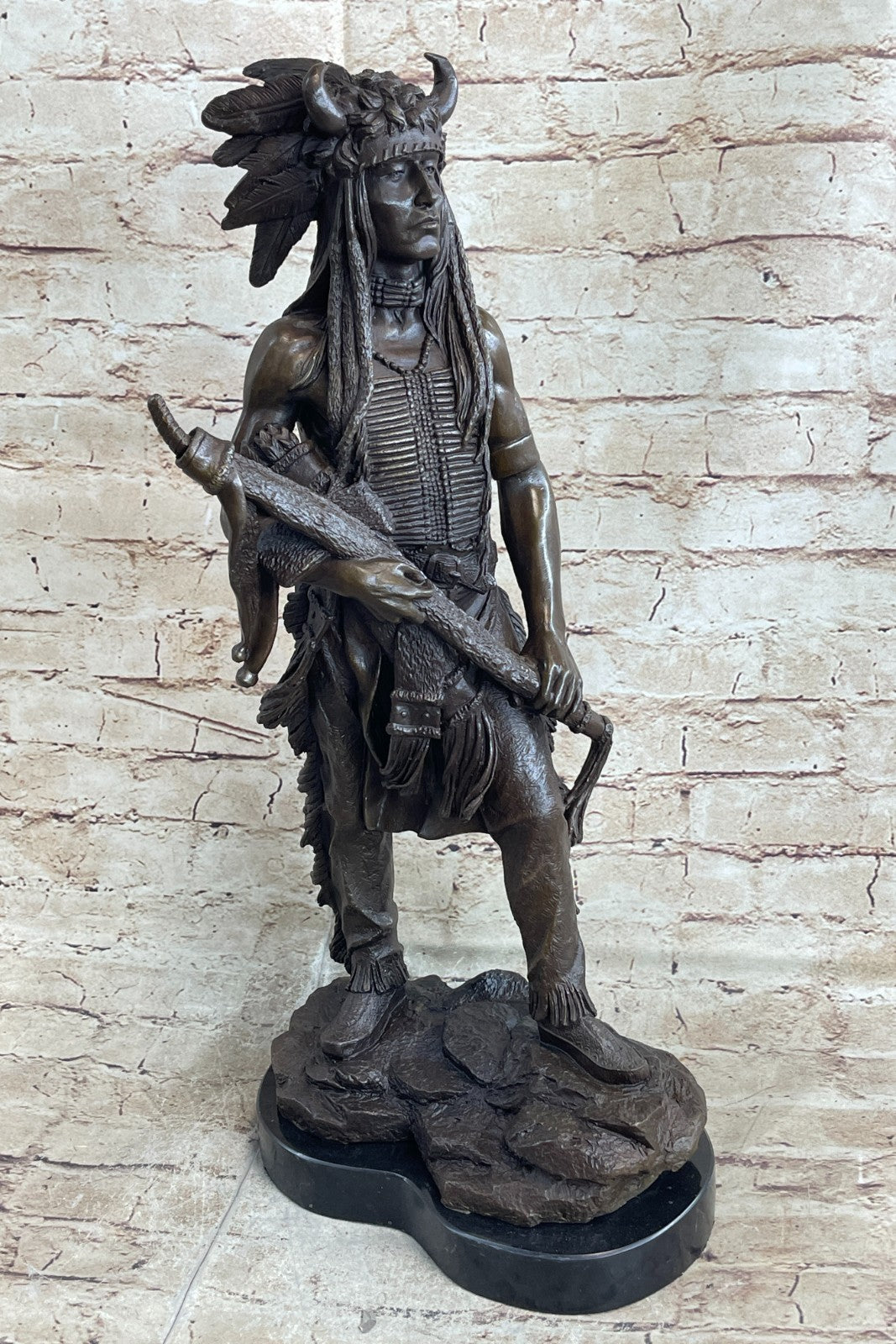 Handcrafted bronze sculpture SALE Marble Chief Indian American Native Signed