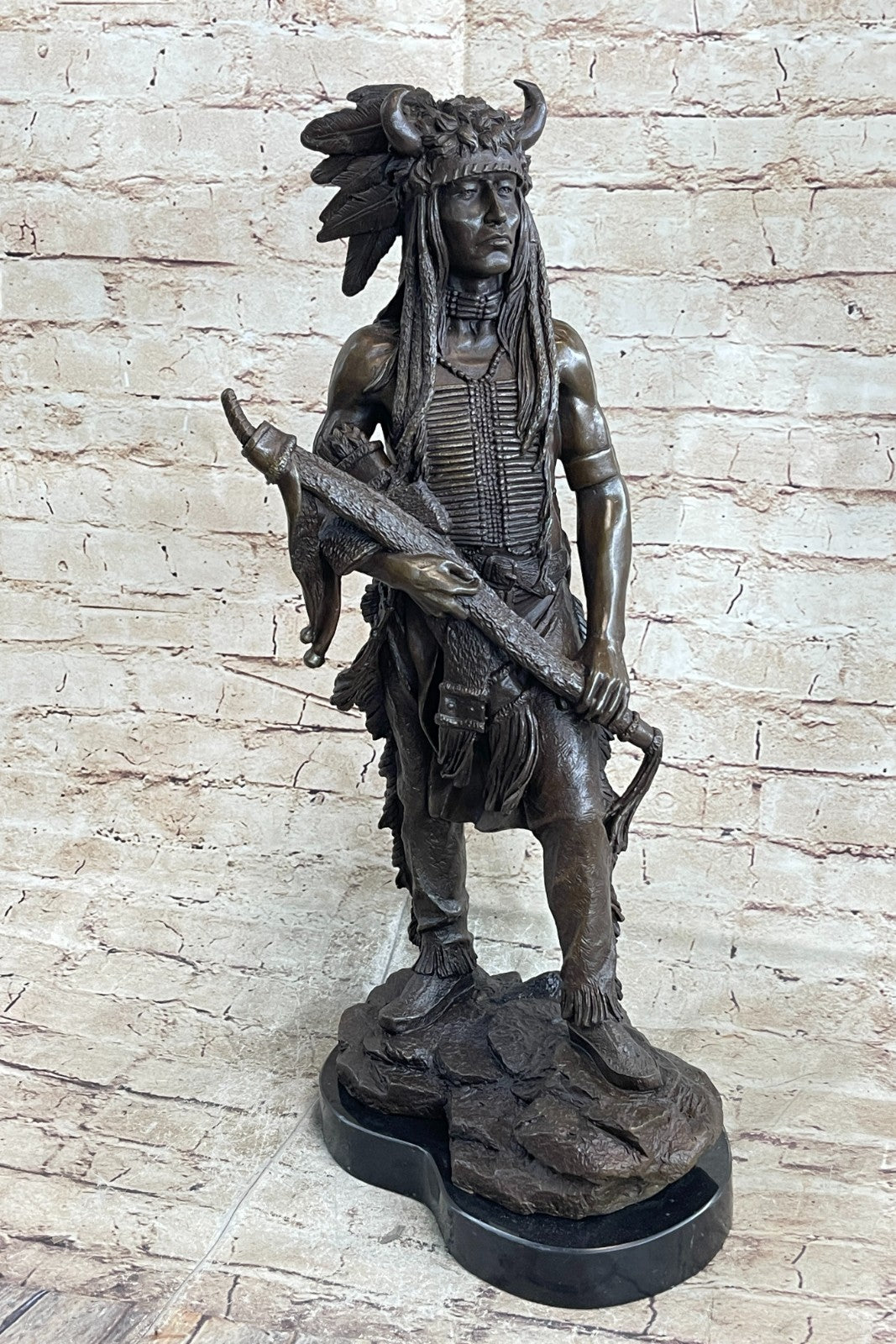 Handcrafted bronze sculpture SALE Marble Chief Indian American Native Signed