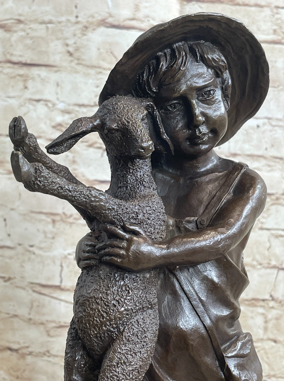 Genuine Solid Bronze Sculpture cute boy with baby Lam Farm decoration