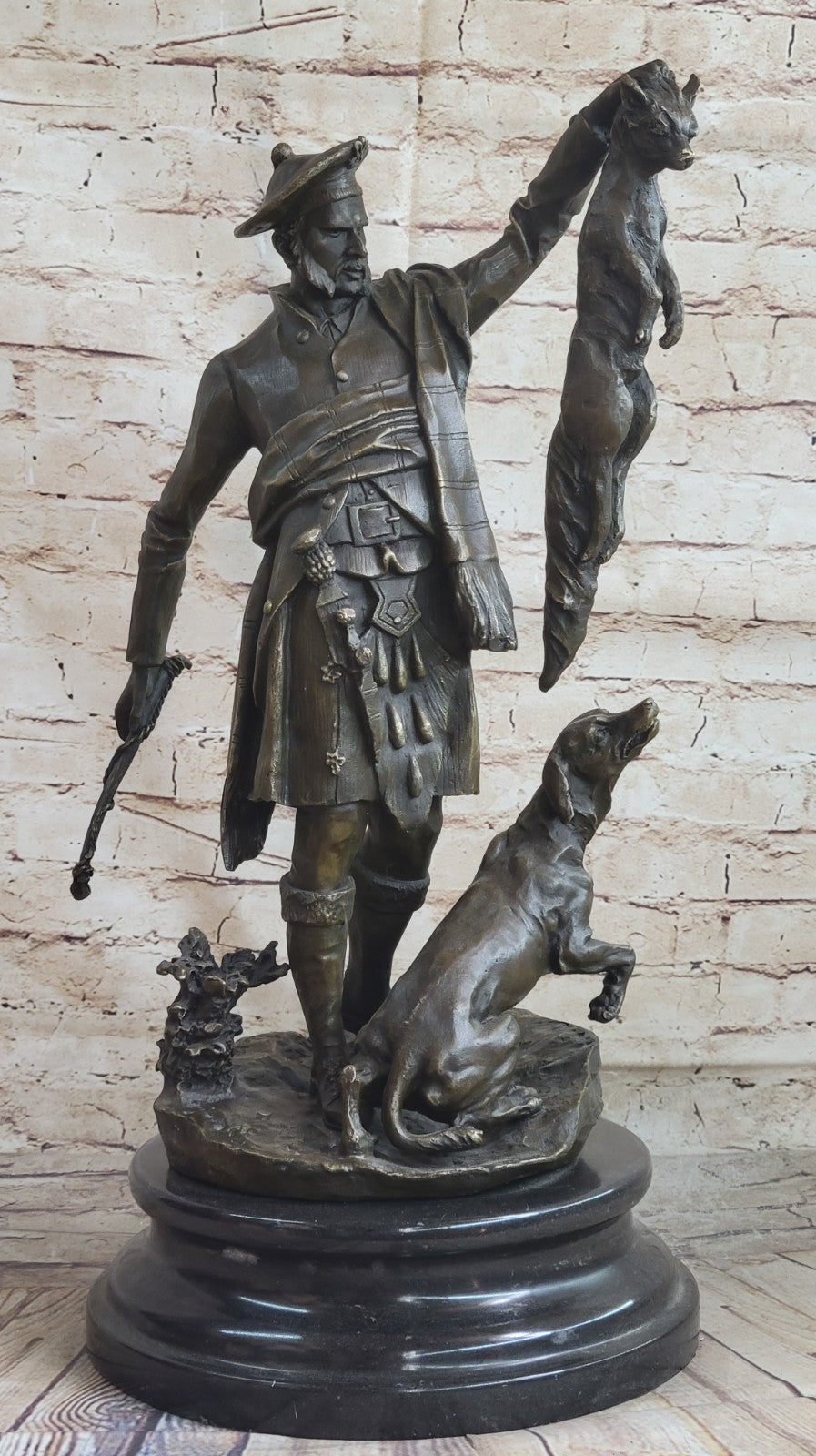 Bronze figure of Scottish hunter and hound with the kill Vitaleh Hot Cast Art Deco