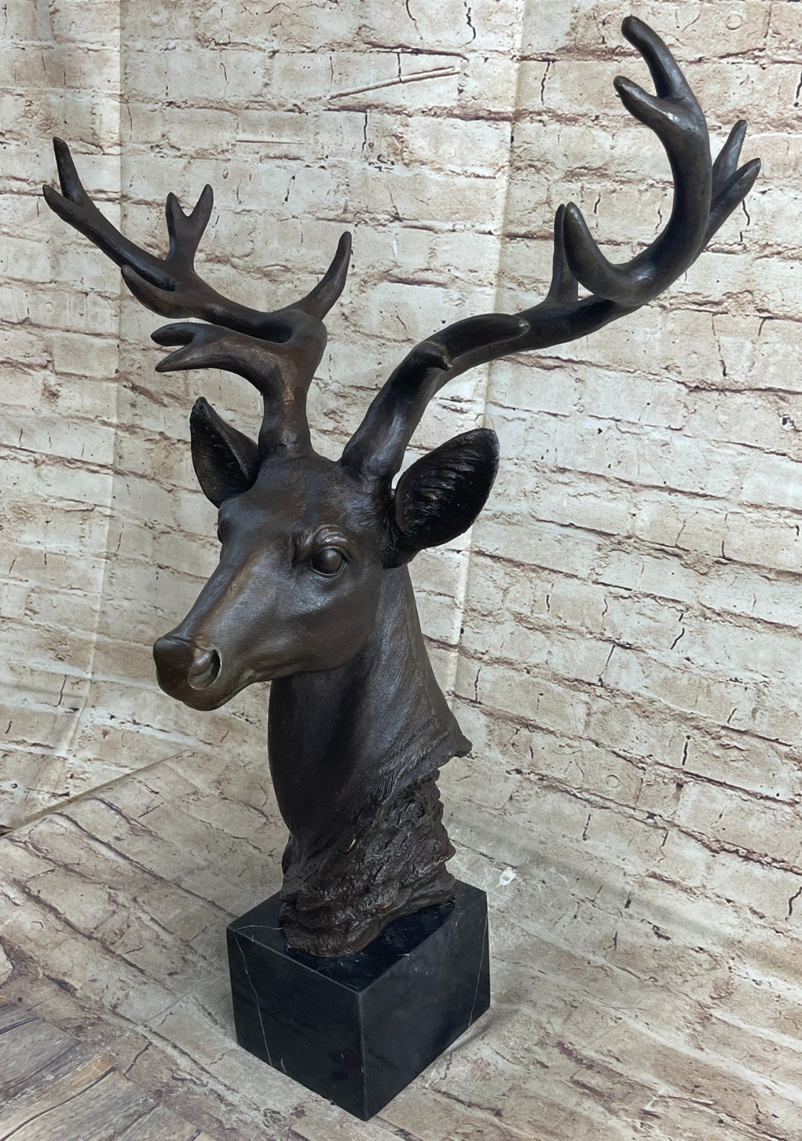 Chalet Lodge Art Elk Stag Buck Deer Hunter Bronze Marble Base Lodge Sculpture