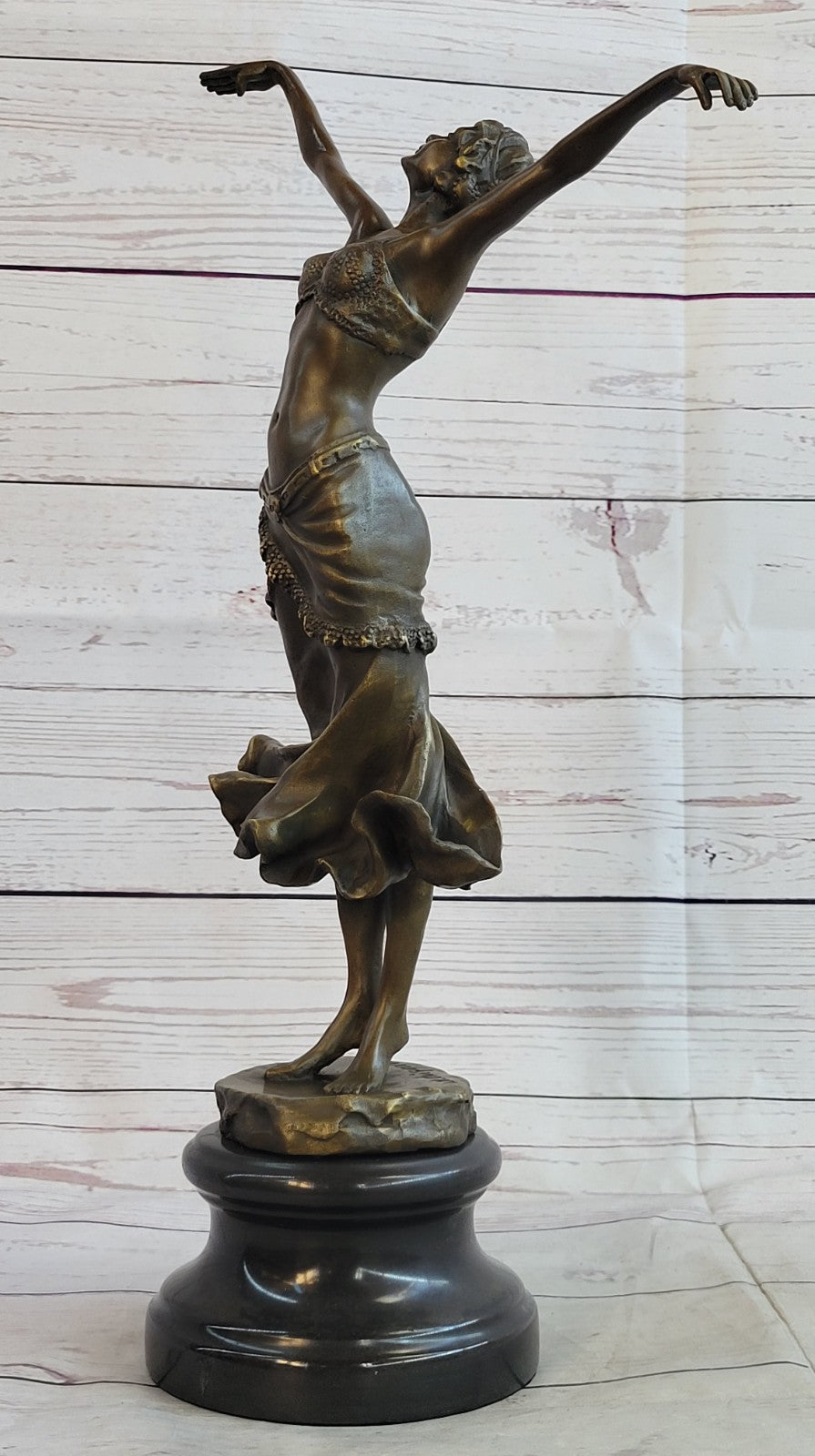 Art Nouveau Free As bird Dancer Bronze Sculpture With Green Marble Base Statue