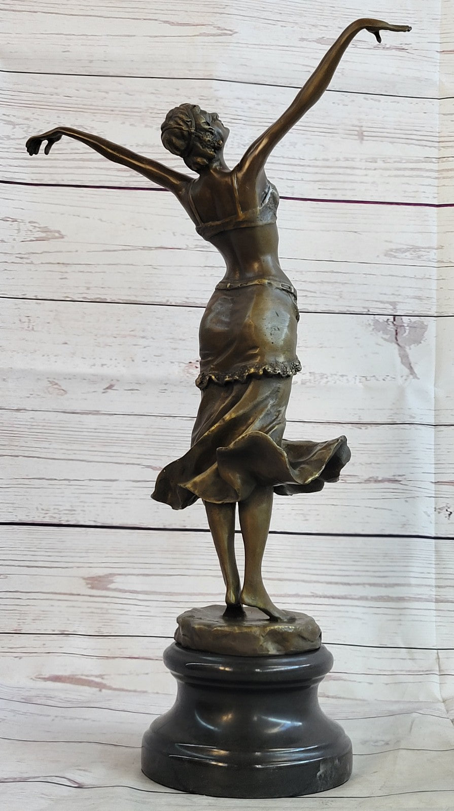 Art Nouveau Free As bird Dancer Bronze Sculpture With Green Marble Base Statue