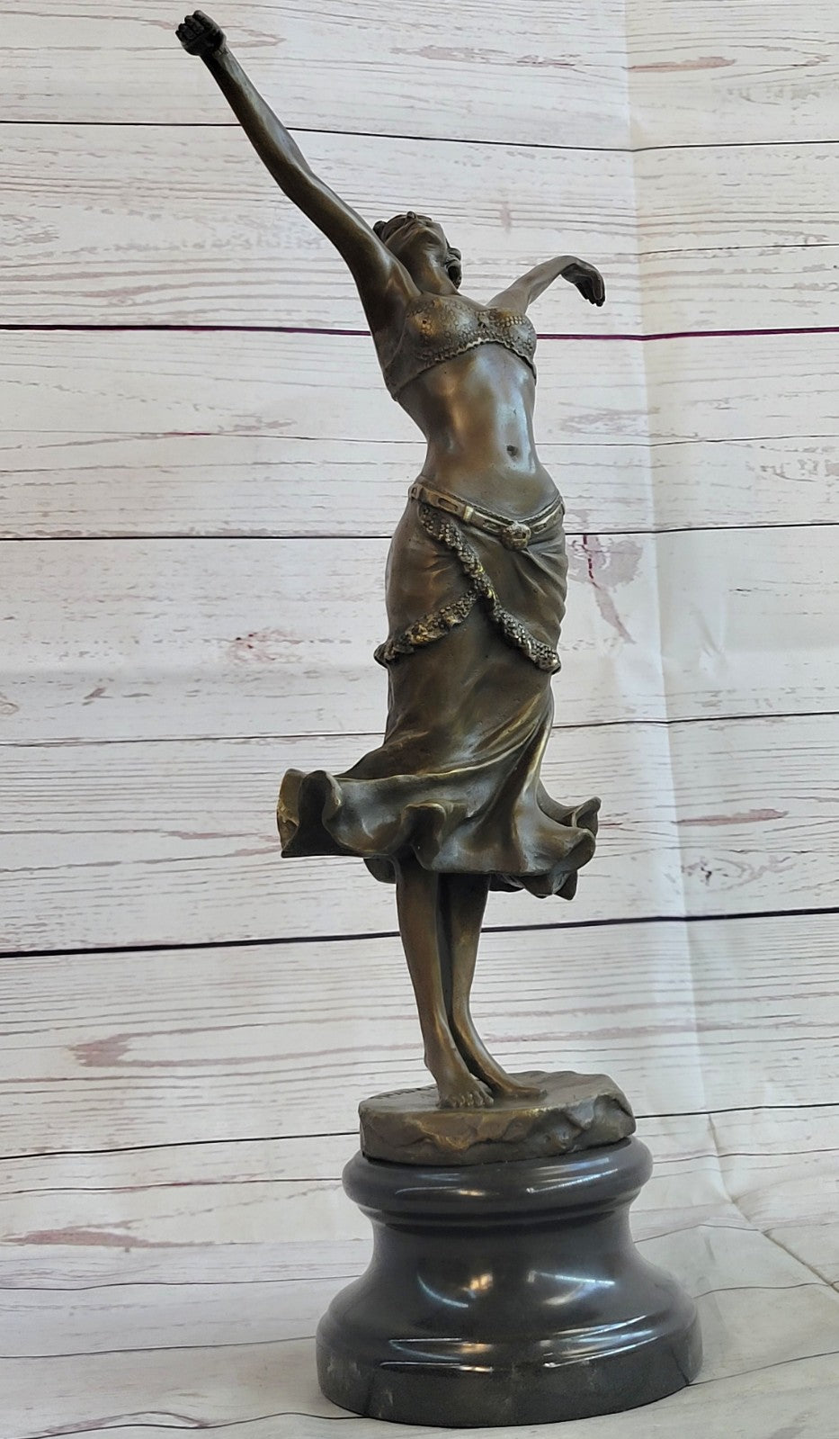 Art Nouveau Free As bird Dancer Bronze Sculpture With Green Marble Base Statue