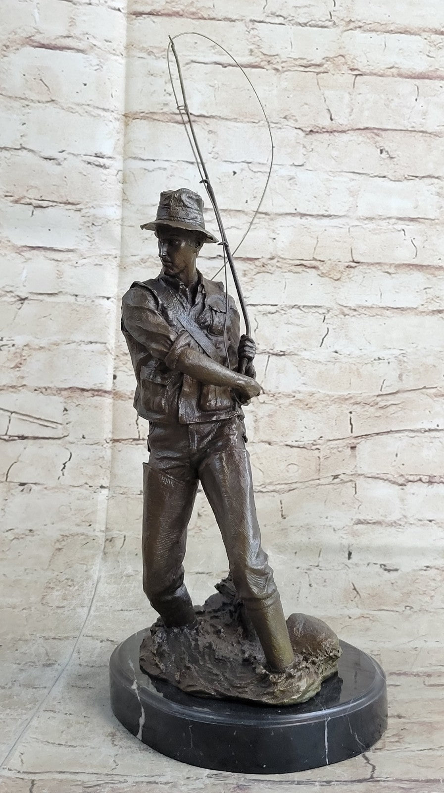 Bronze Fisherman Sculpture: Fly Fisherman by Miguel Lopez Known As Milo  Figure