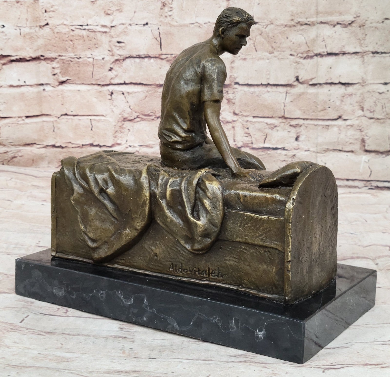 Hot Cast Fine Art: Aldo Vitaleh`s Bronze Thinking Man on Bench - Genuine Sculpture