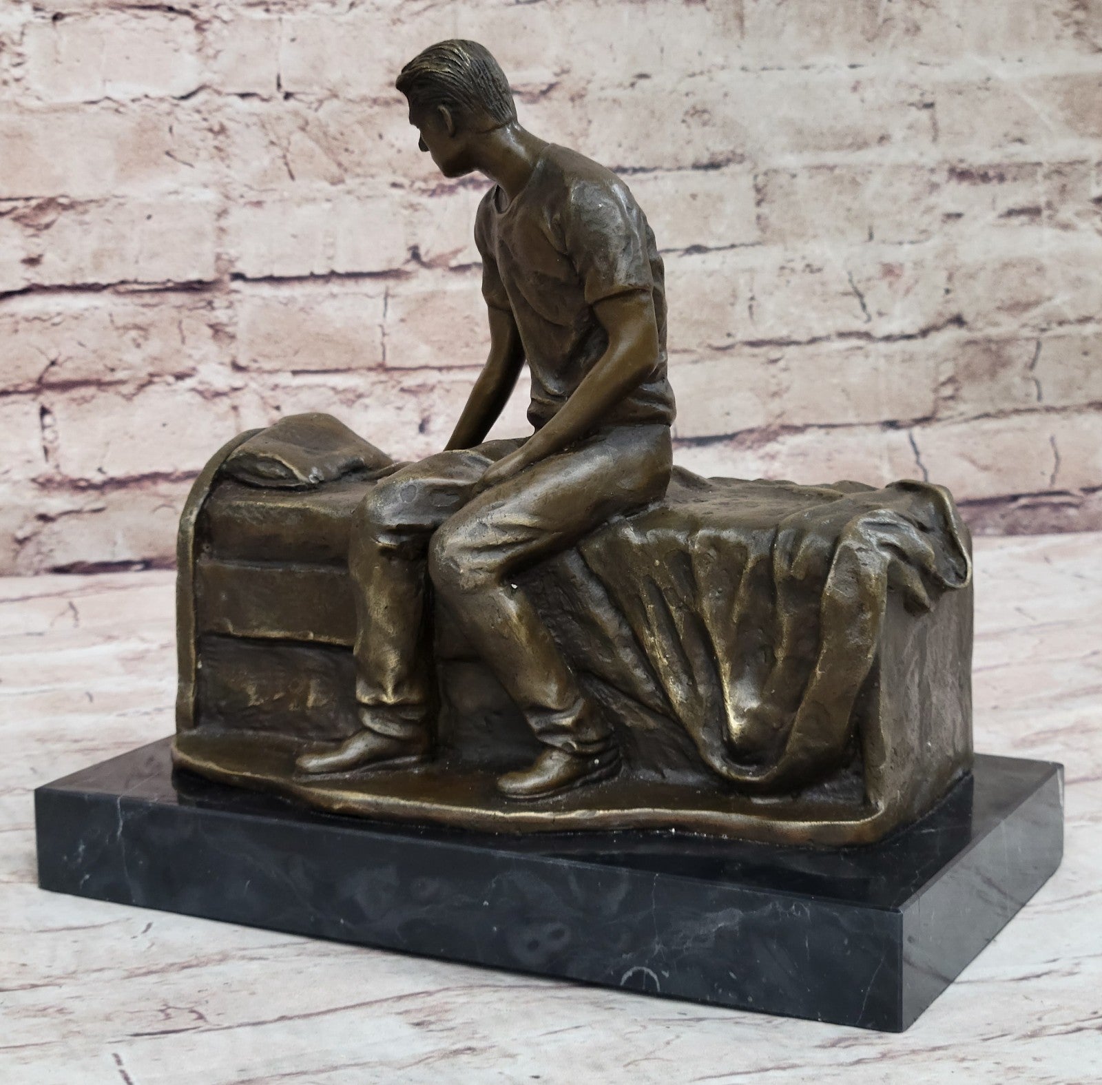 Hot Cast Fine Art: Aldo Vitaleh`s Bronze Thinking Man on Bench - Genuine Sculpture