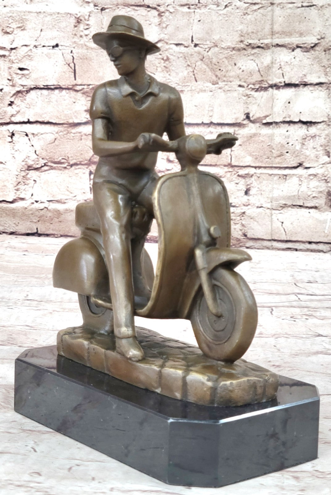 Modern Asian Man on Moped Bike Solid Bronze Sculpture Collectible Artwork Figurine Hot Cast