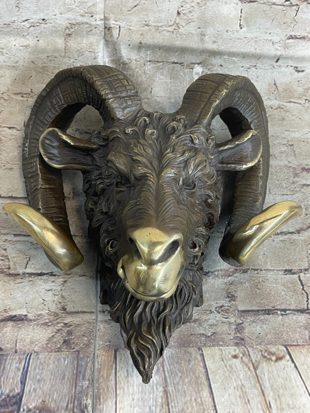 Signed Original Mascot Ram Head Bronze Sculpture Marble Base Statue Figurine Art