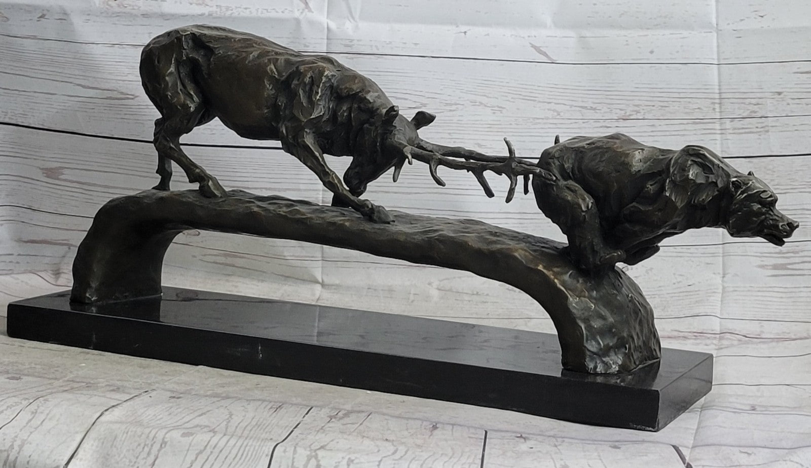 Art Deco Confrontation Between Stag and a Bear Extra Large Bronze Sculpture