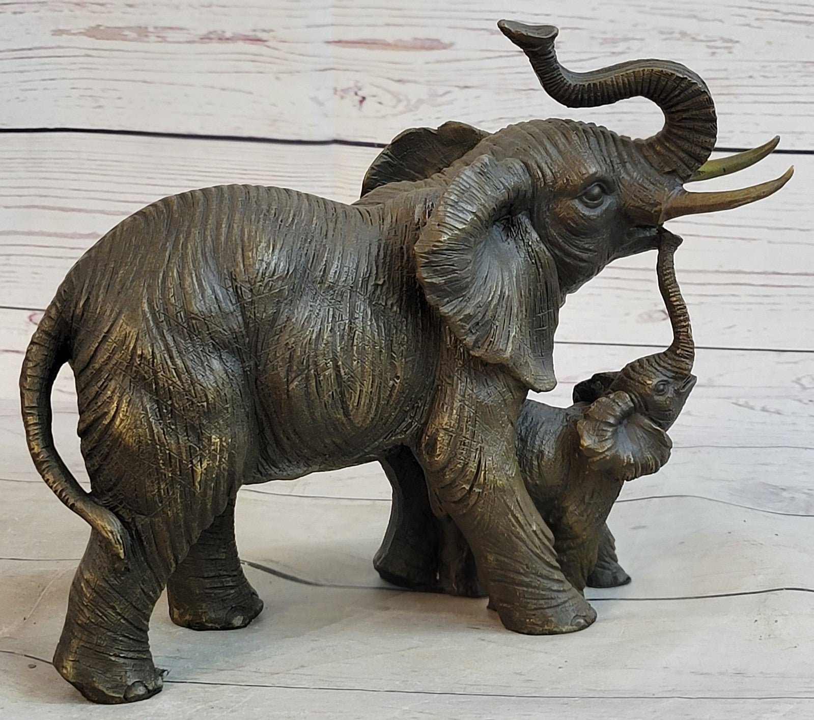 Art Deco Mother Elephant and Calf Hot Cast Bronze Sculpture Signed Figurine