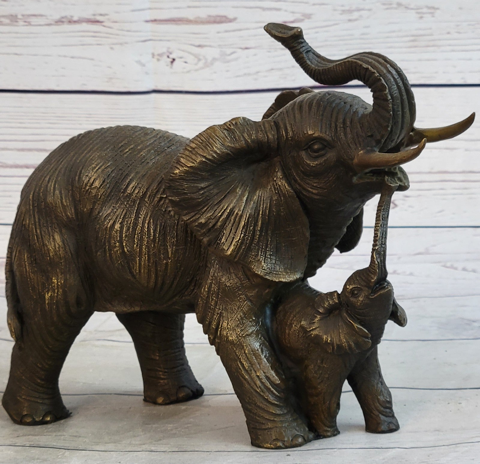 Art Deco Mother Elephant and Calf Hot Cast Bronze Sculpture Signed Figurine