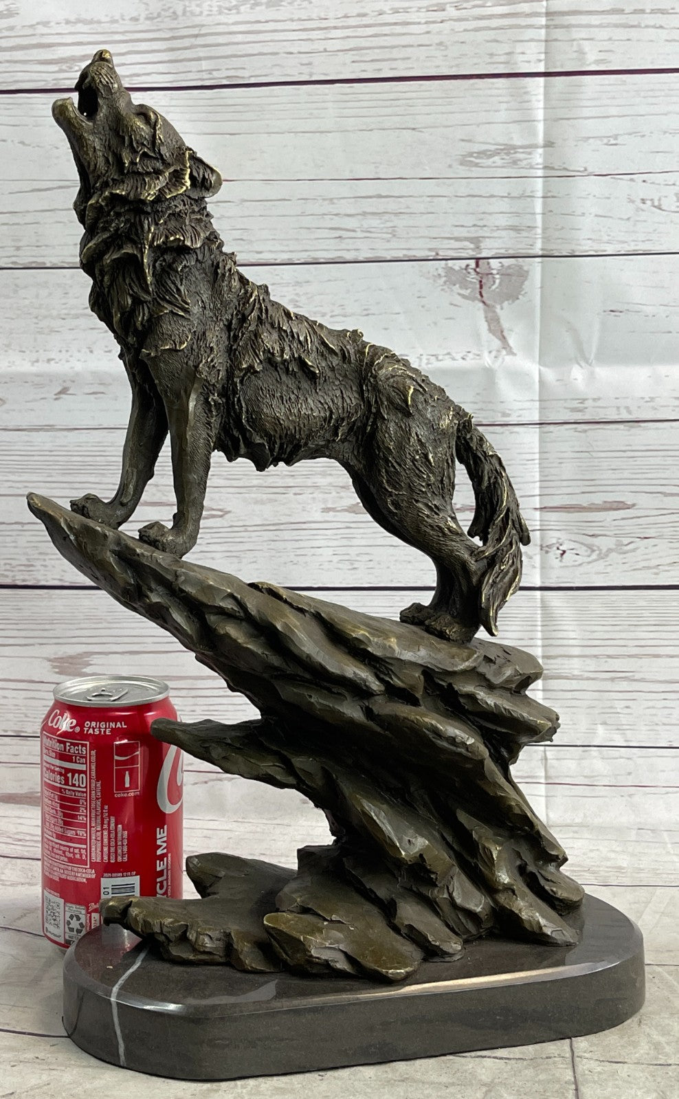 Hot Cast Bronze Wildlife Statue: Howling Wolf at Moon - Handcrafted by Bugatti