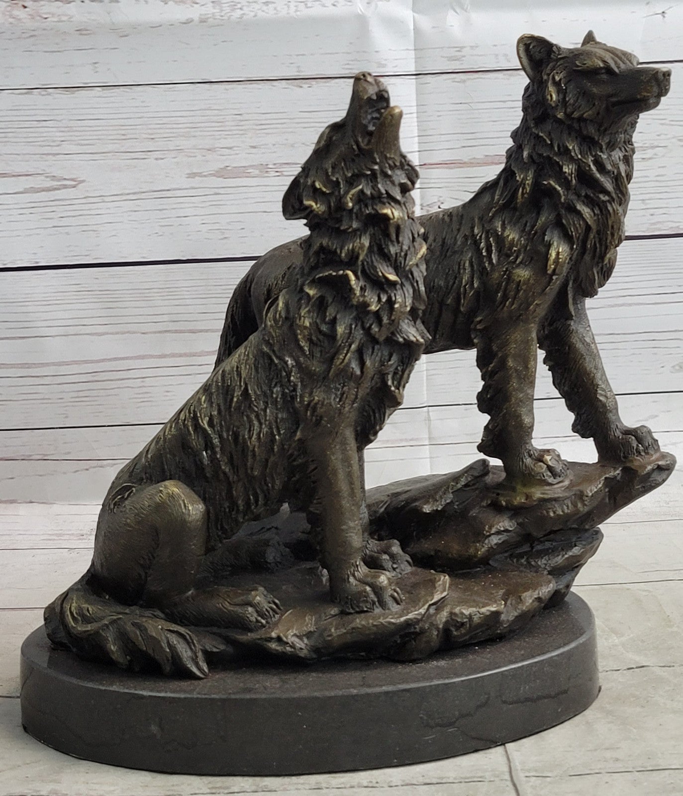 Striking Duo: Handmade Bronze Figurine of Wolves Standing on Rock - Fine Art Decor