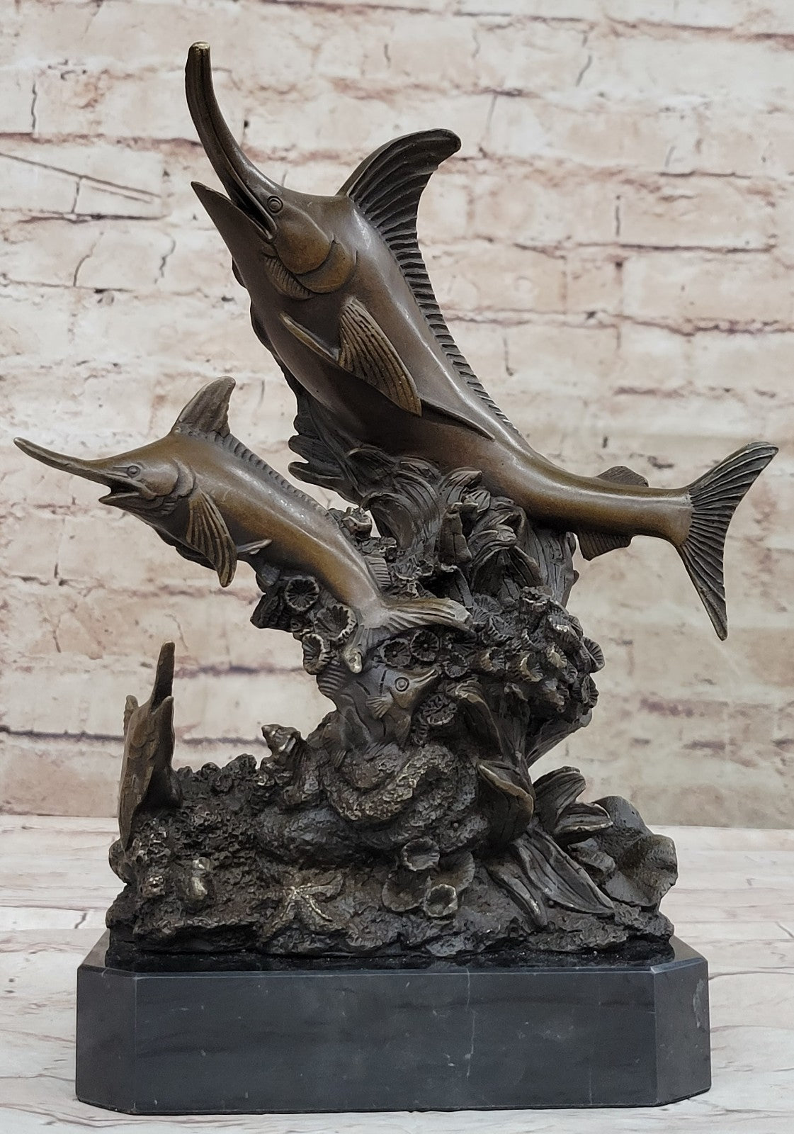 Two Marlin Marlins Fish Hot Cast Classic Nautical Bronze Sculpture Statue Figure