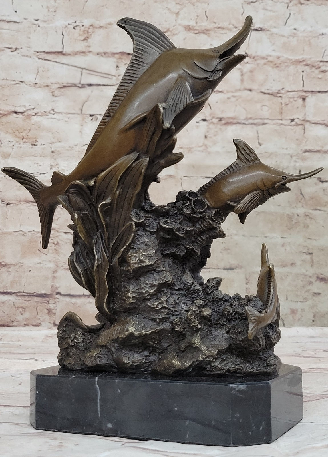 Two Marlin Marlins Fish Hot Cast Classic Nautical Bronze Sculpture Statue Figure