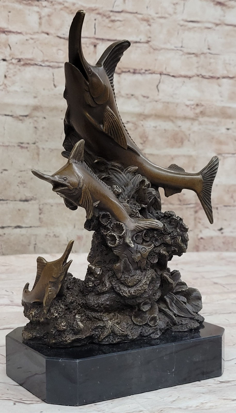 Two Marlin Marlins Fish Hot Cast Classic Nautical Bronze Sculpture Statue Figure