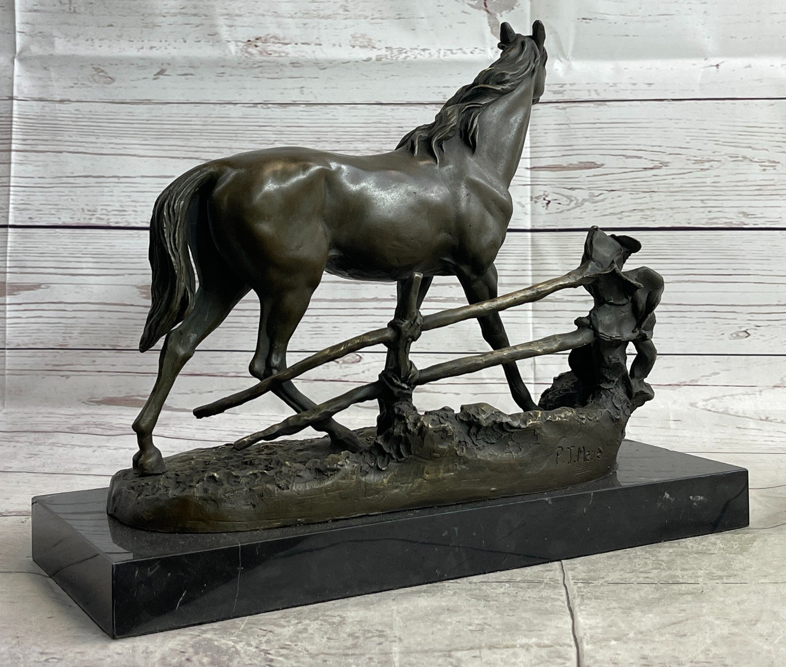 Handmade bronze sculpture Signed P.J Mene Loving Horse Marble Base Figurine Sale