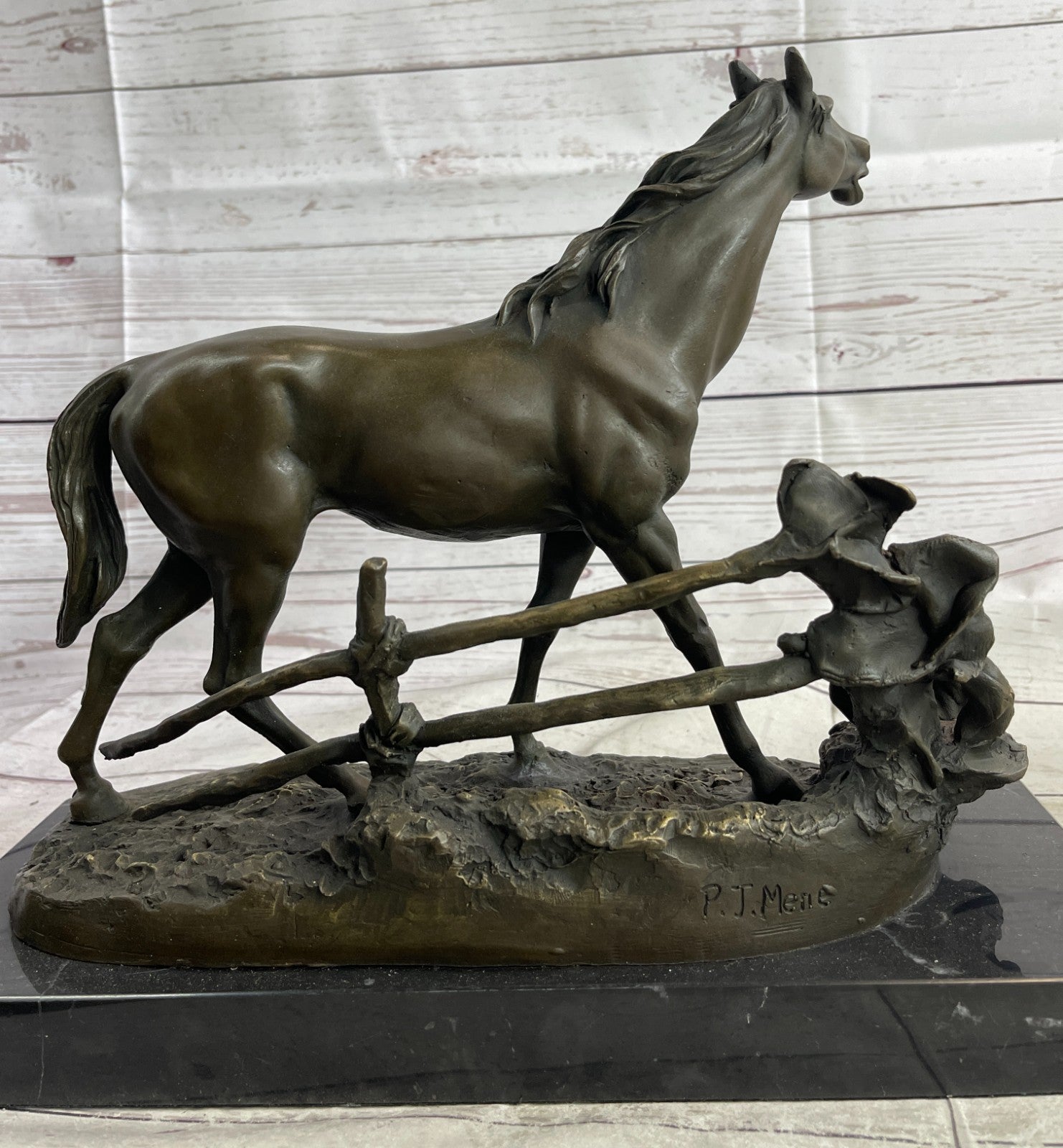 Handmade bronze sculpture Signed P.J Mene Loving Horse Marble Base Figurine Sale