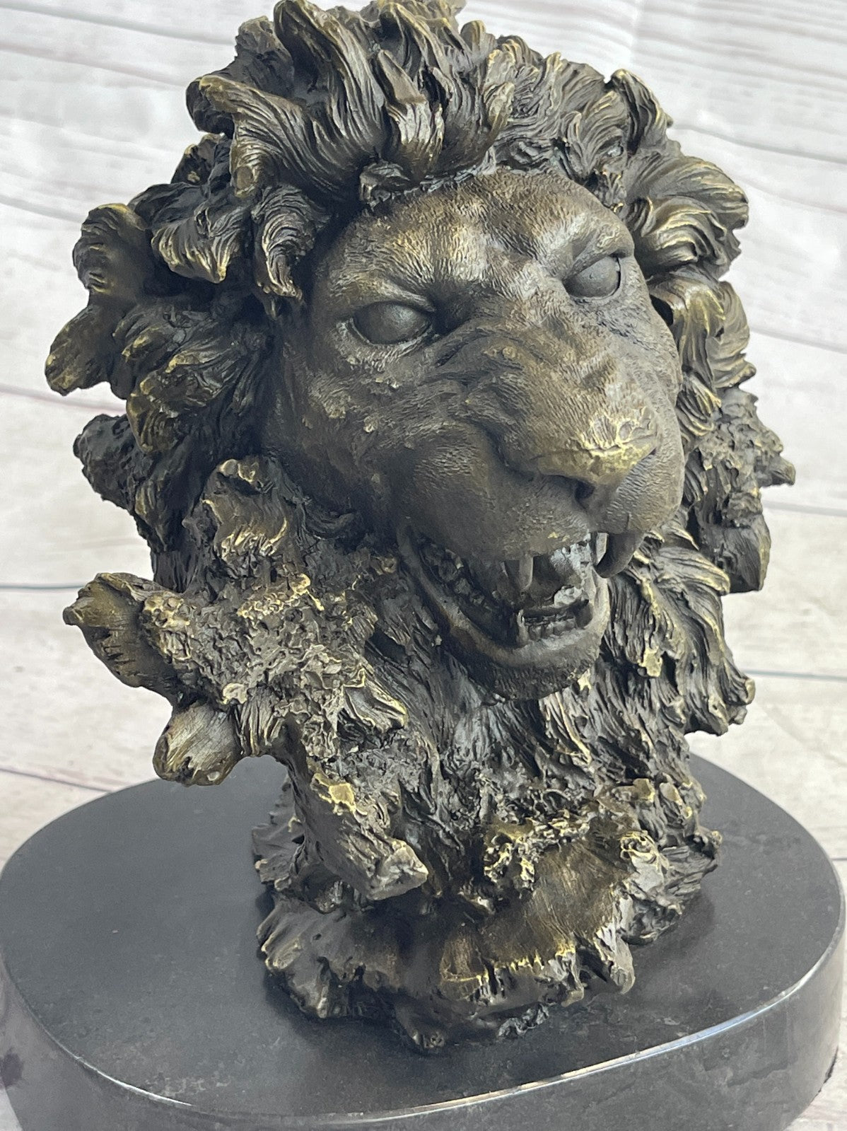 Male Lion Abstract Modern Bust Statue Sculpture Bronze Metal on Marble Sale Art