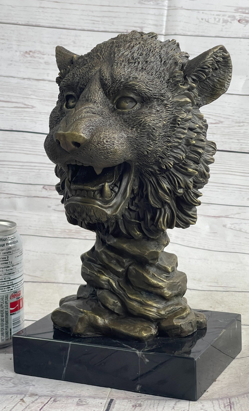 100% Solid Bronze Sculpture Wildlife Animal Lion Head Marble Base Figurine DEAL