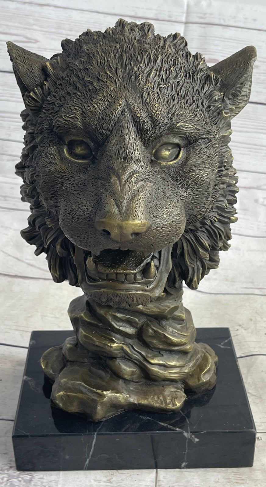 100% Solid Bronze Sculpture Wildlife Animal Lion Head Marble Base Figurine DEAL