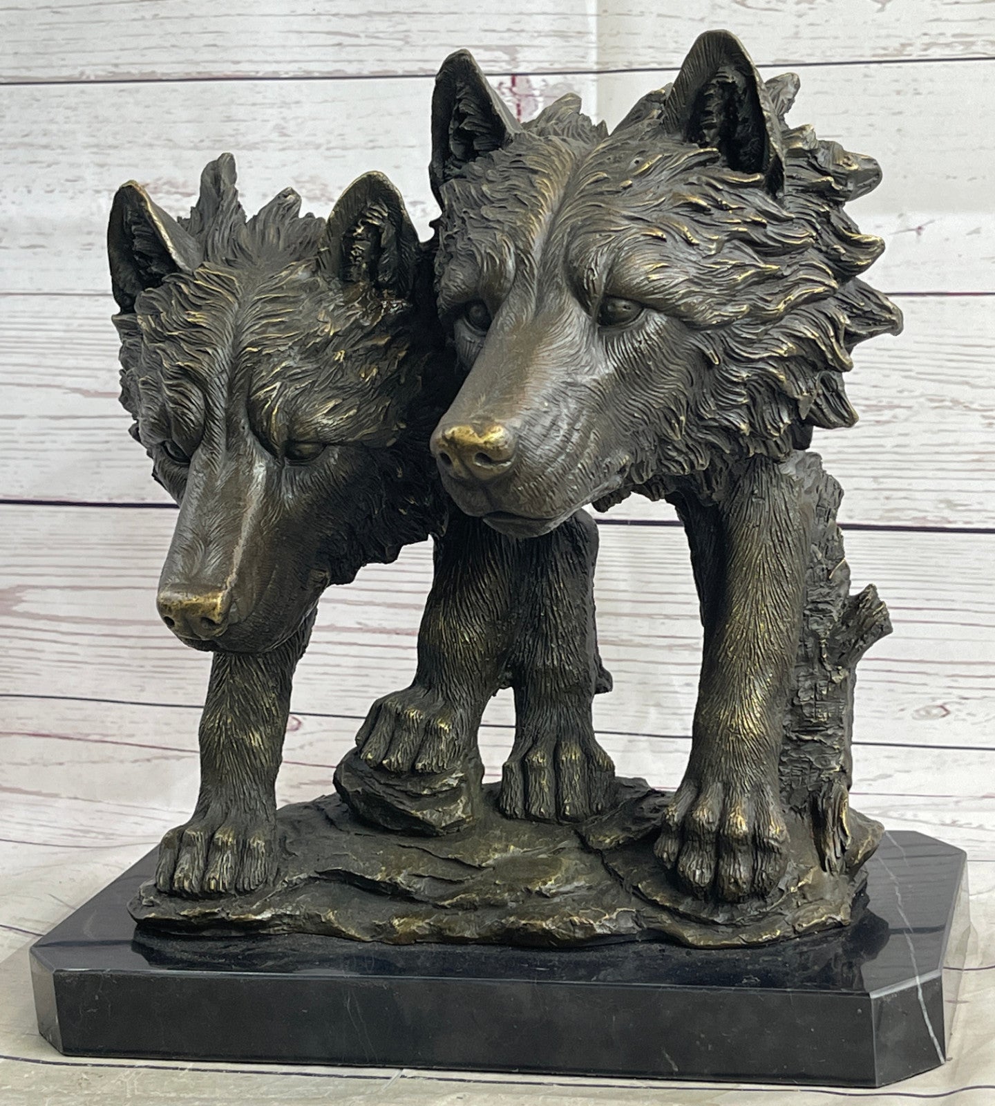 Collectible Bronze Figurine: Two Wolf Wolves Head Bust by Williams Decor