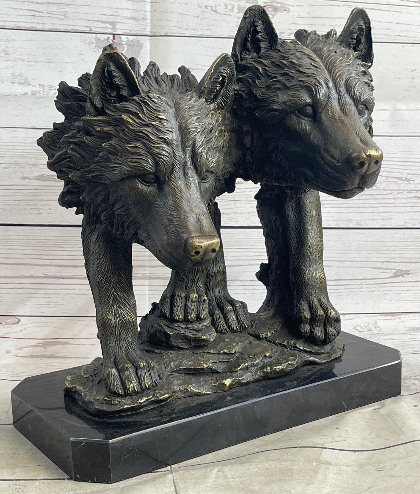 Collectible Bronze Figurine: Two Wolf Wolves Head Bust by Williams Decor