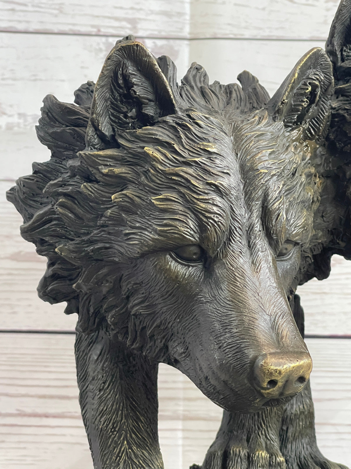 Collectible Bronze Figurine: Two Wolf Wolves Head Bust by Williams Decor