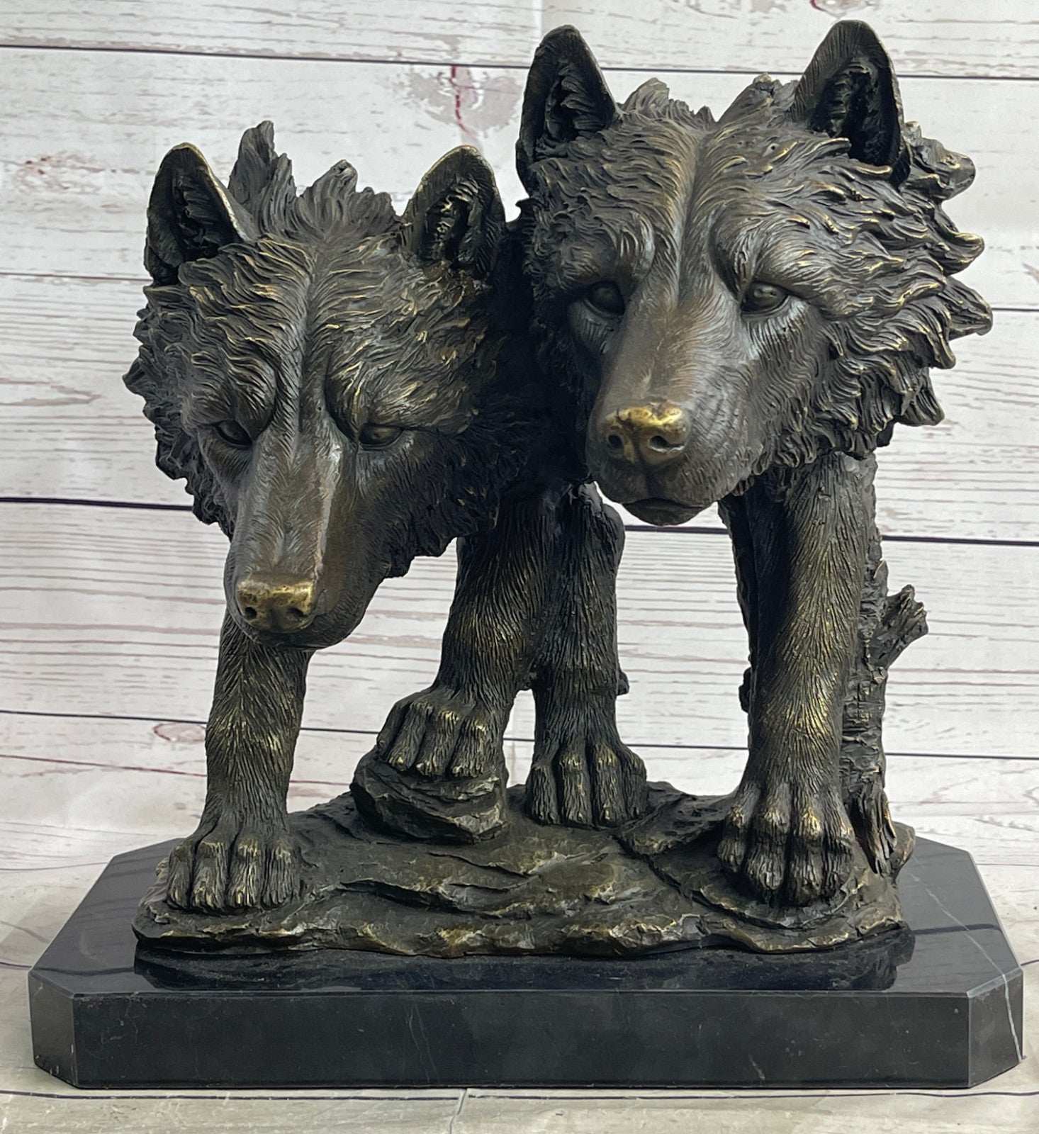 Collectible Bronze Figurine: Two Wolf Wolves Head Bust by Williams Decor