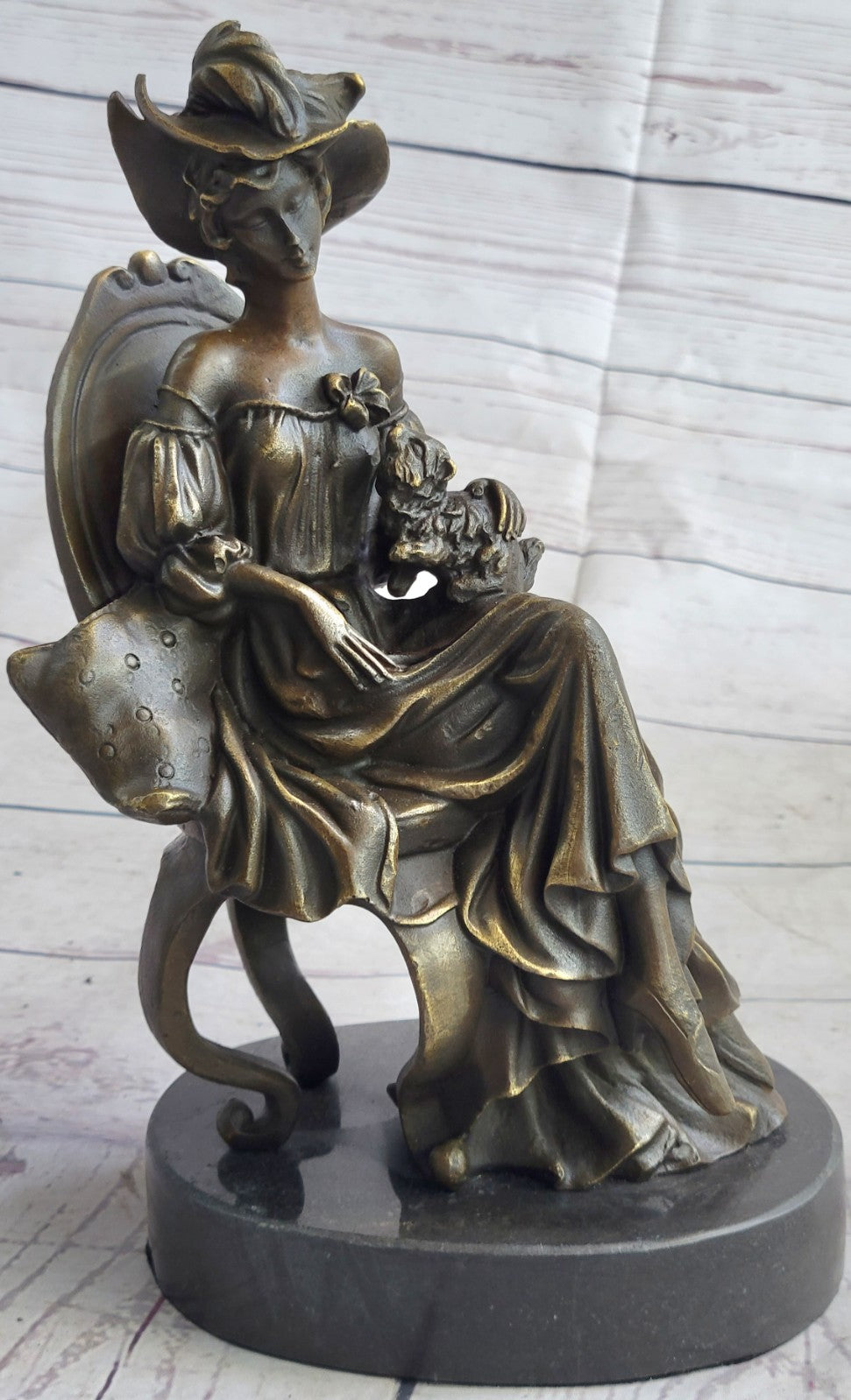 Art Deco Sculpture Victorian Lady Girl Woman Sitting With dog Bronze Statue Sale