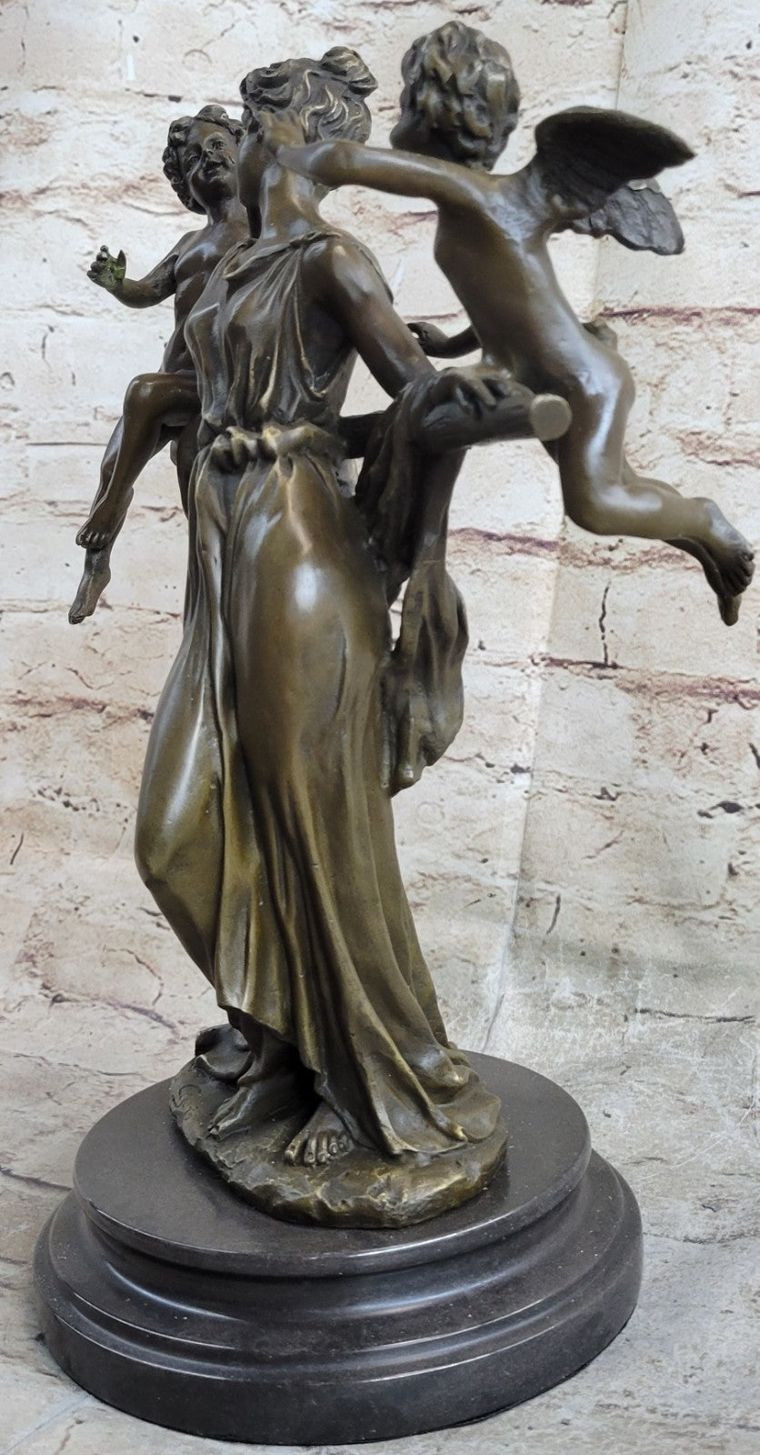 Elegant Female Nude Cherub Child Mother & Angel Bronze Marble Statue Art Decor 