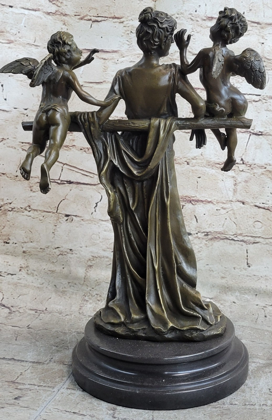 Elegant Female Nude Cherub Child Mother & Angel Bronze Marble Statue Art Decor 