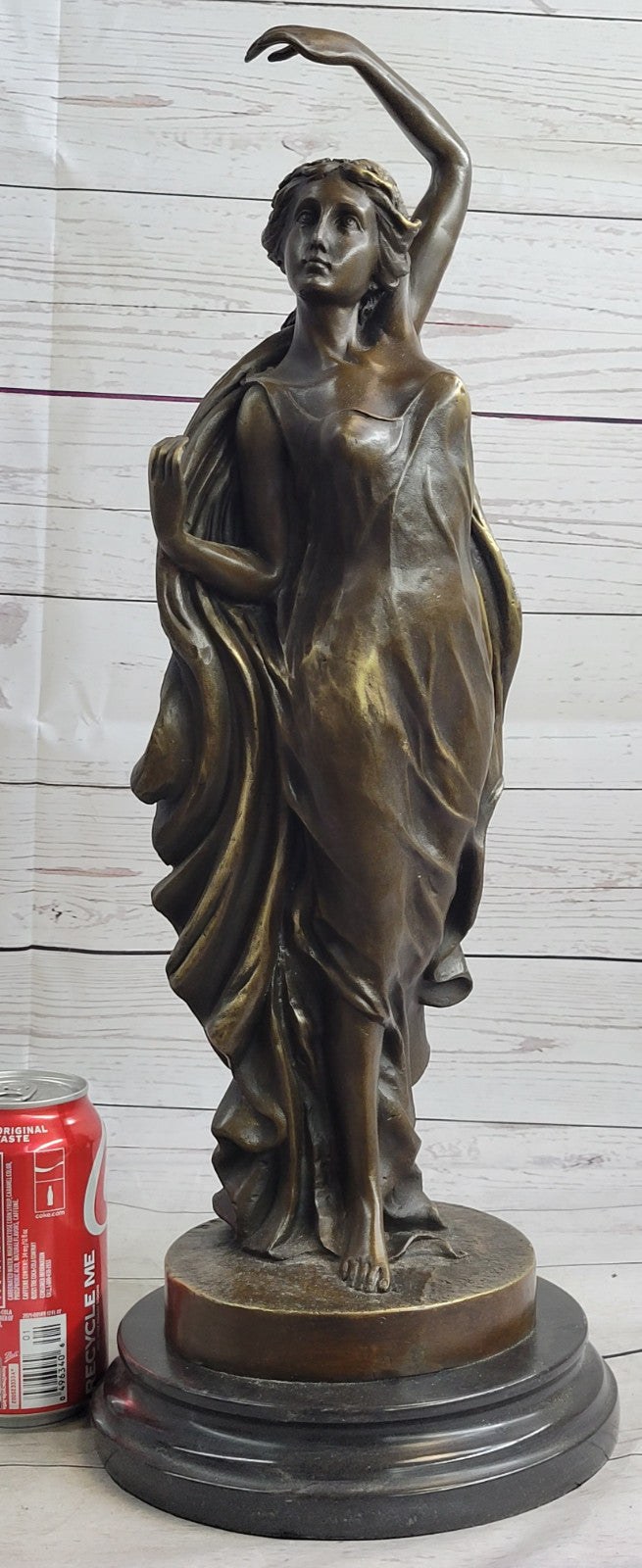 French Artist`s Seductive Beauty: Handmade Bronze Statue Sculpture on Round Marble