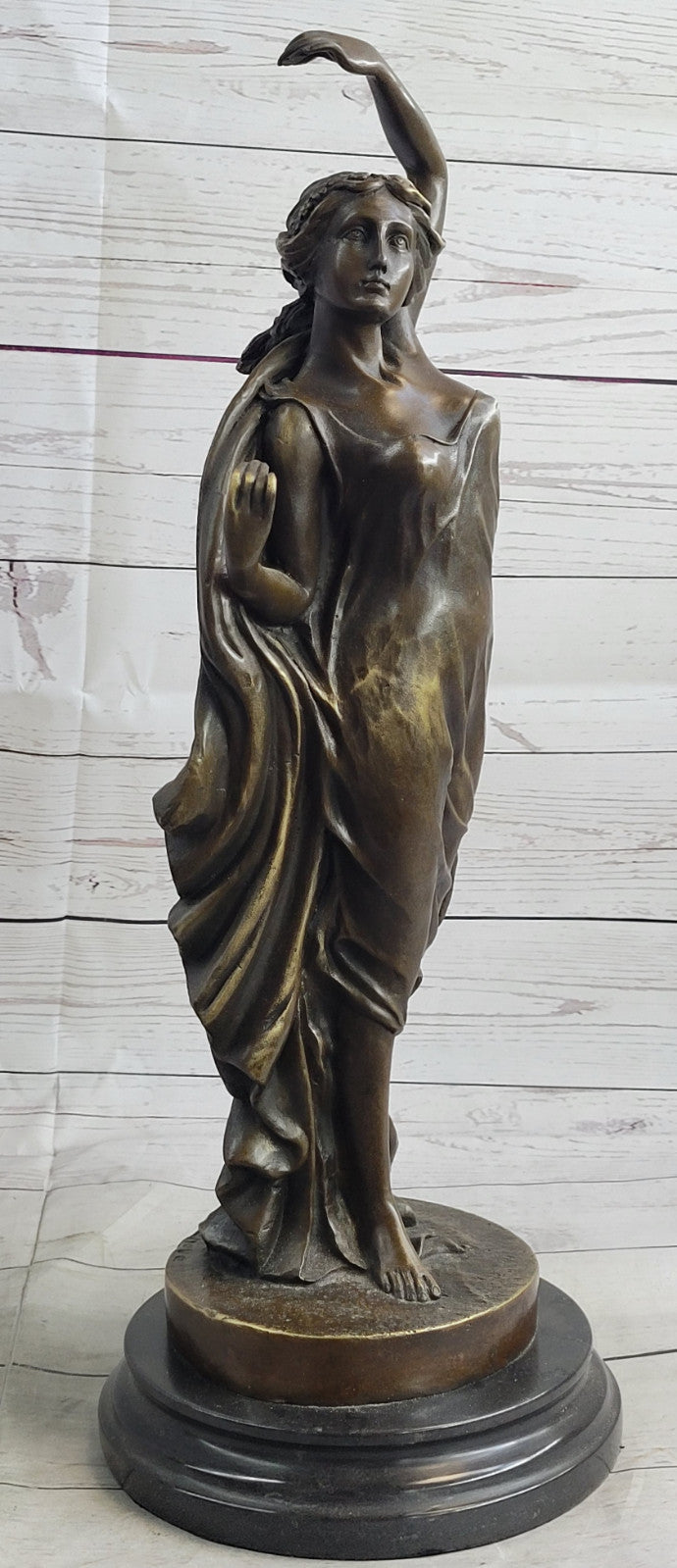 French Artist`s Seductive Beauty: Handmade Bronze Statue Sculpture on Round Marble