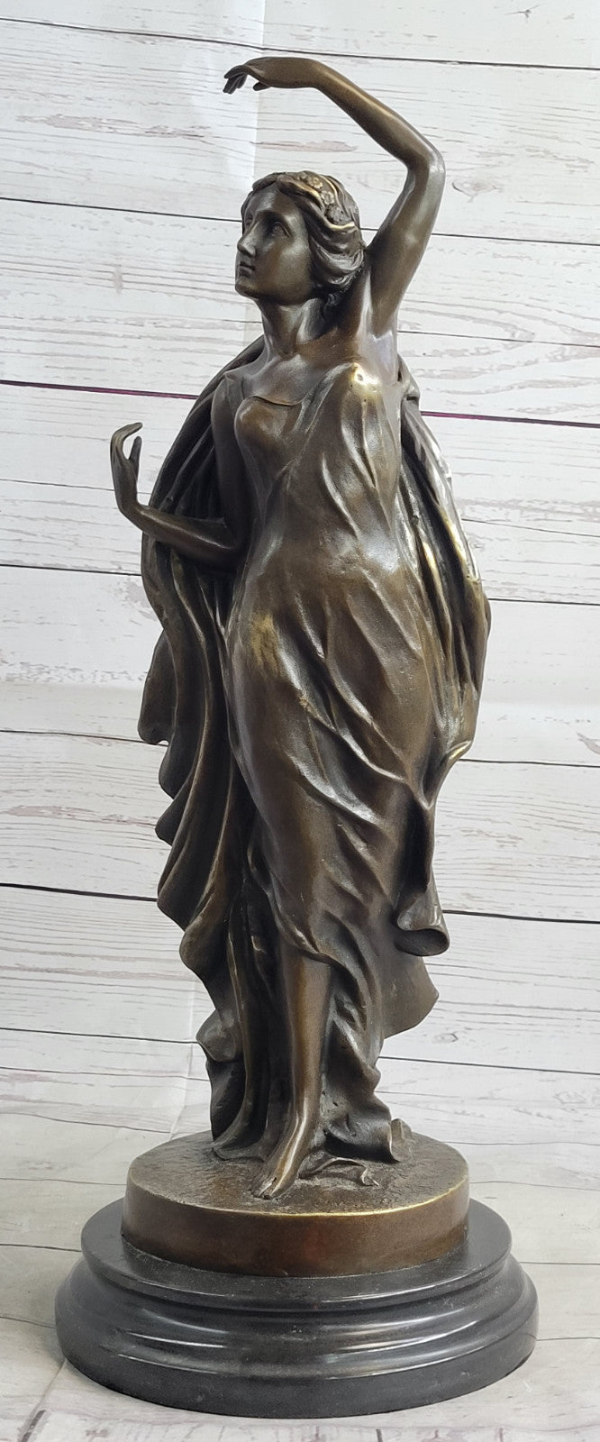 French Artist`s Seductive Beauty: Handmade Bronze Statue Sculpture on Round Marble