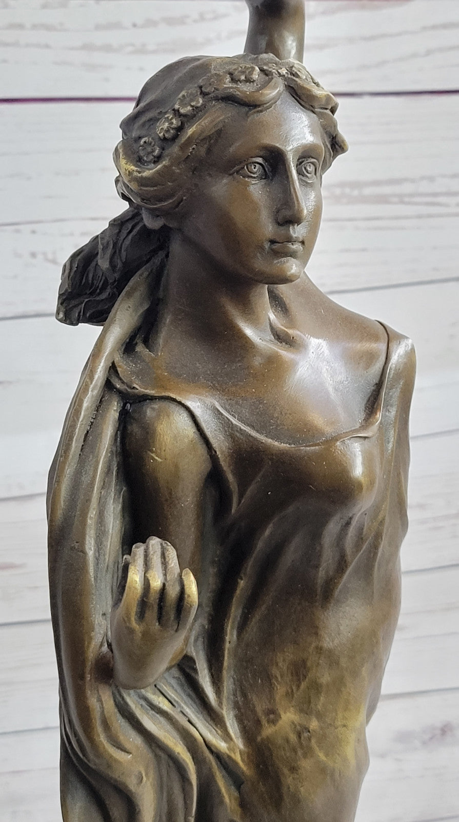 French Artist`s Seductive Beauty: Handmade Bronze Statue Sculpture on Round Marble