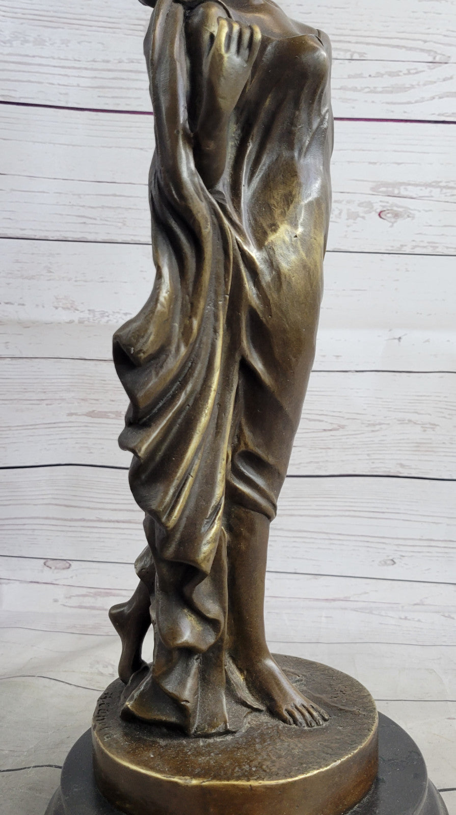 French Artist`s Seductive Beauty: Handmade Bronze Statue Sculpture on Round Marble