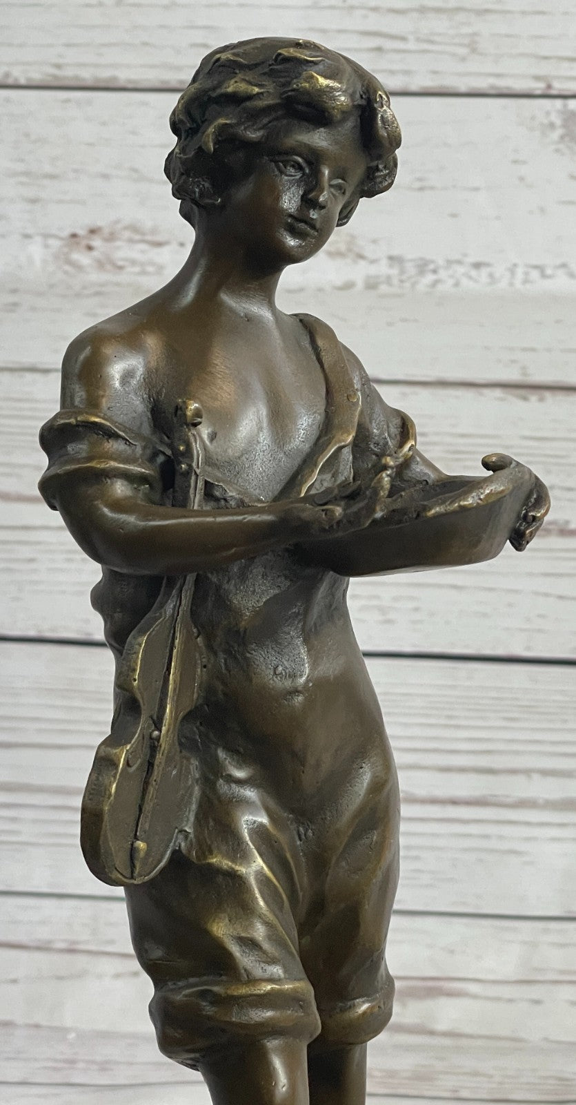 Bronze Elegant Sculpture Figurine Musician Violin Player Marble Stand Statue