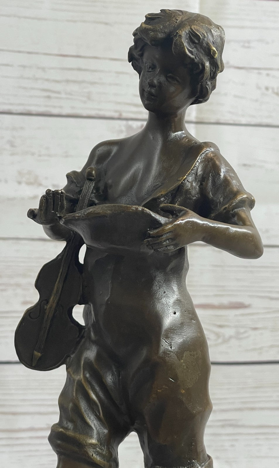 Bronze Elegant Sculpture Figurine Musician Violin Player Marble Stand Statue