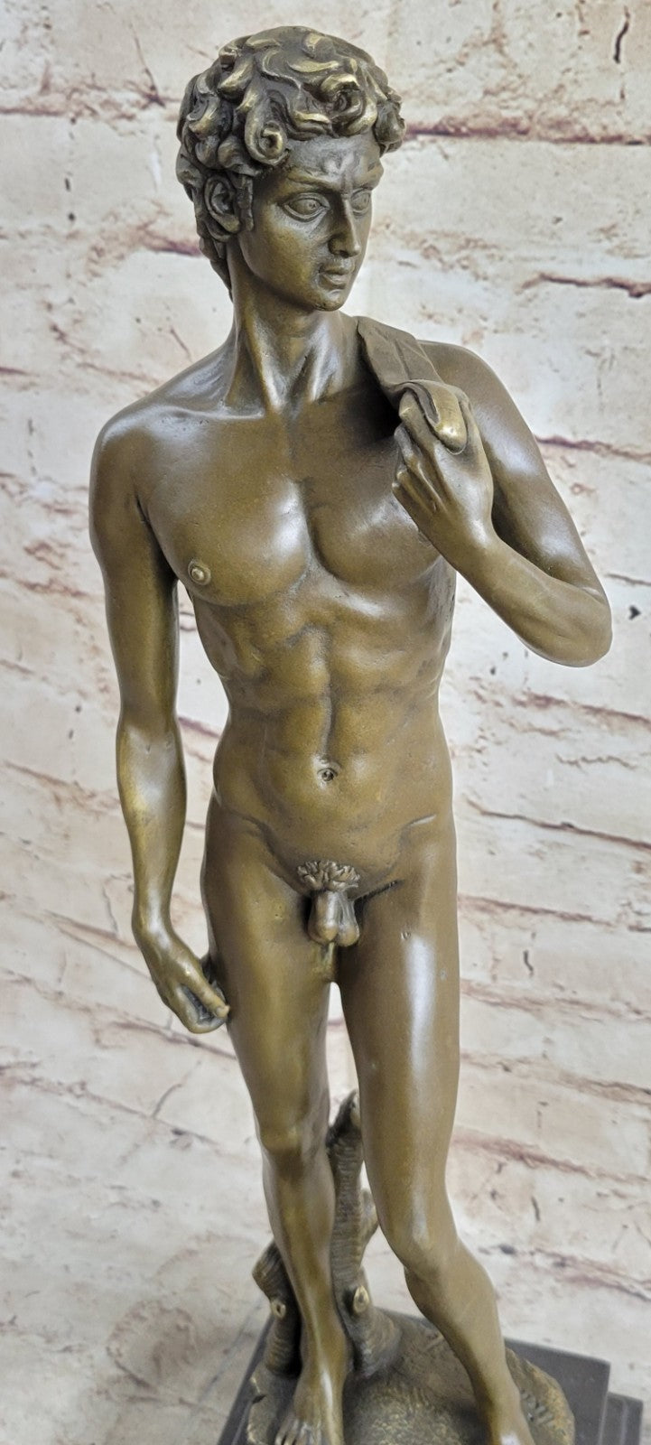 SIGNED BRONZE STATUE NUDE DAVID MYTHOLOGY SCULPTURE ON MARBLE BASE