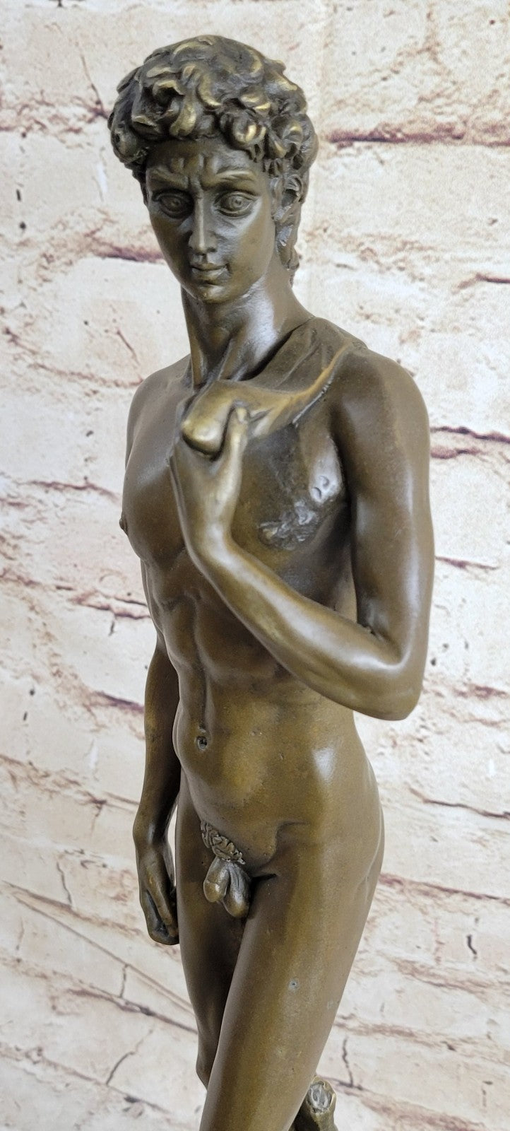 SIGNED BRONZE STATUE NUDE DAVID MYTHOLOGY SCULPTURE ON MARBLE BASE