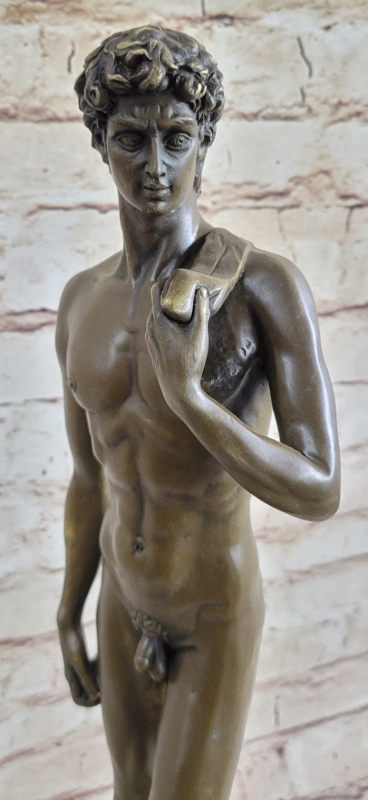 SIGNED BRONZE STATUE NUDE DAVID MYTHOLOGY SCULPTURE ON MARBLE BASE